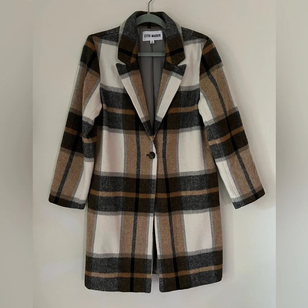 Steve Madden Cher Ivory Plaid Brushed Coat Wool Blend size S NWOT